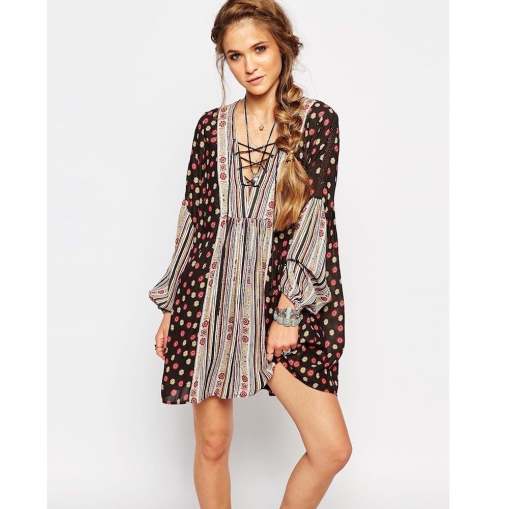 Free People Black Floral & Stripe Lace-Up Mini Dress